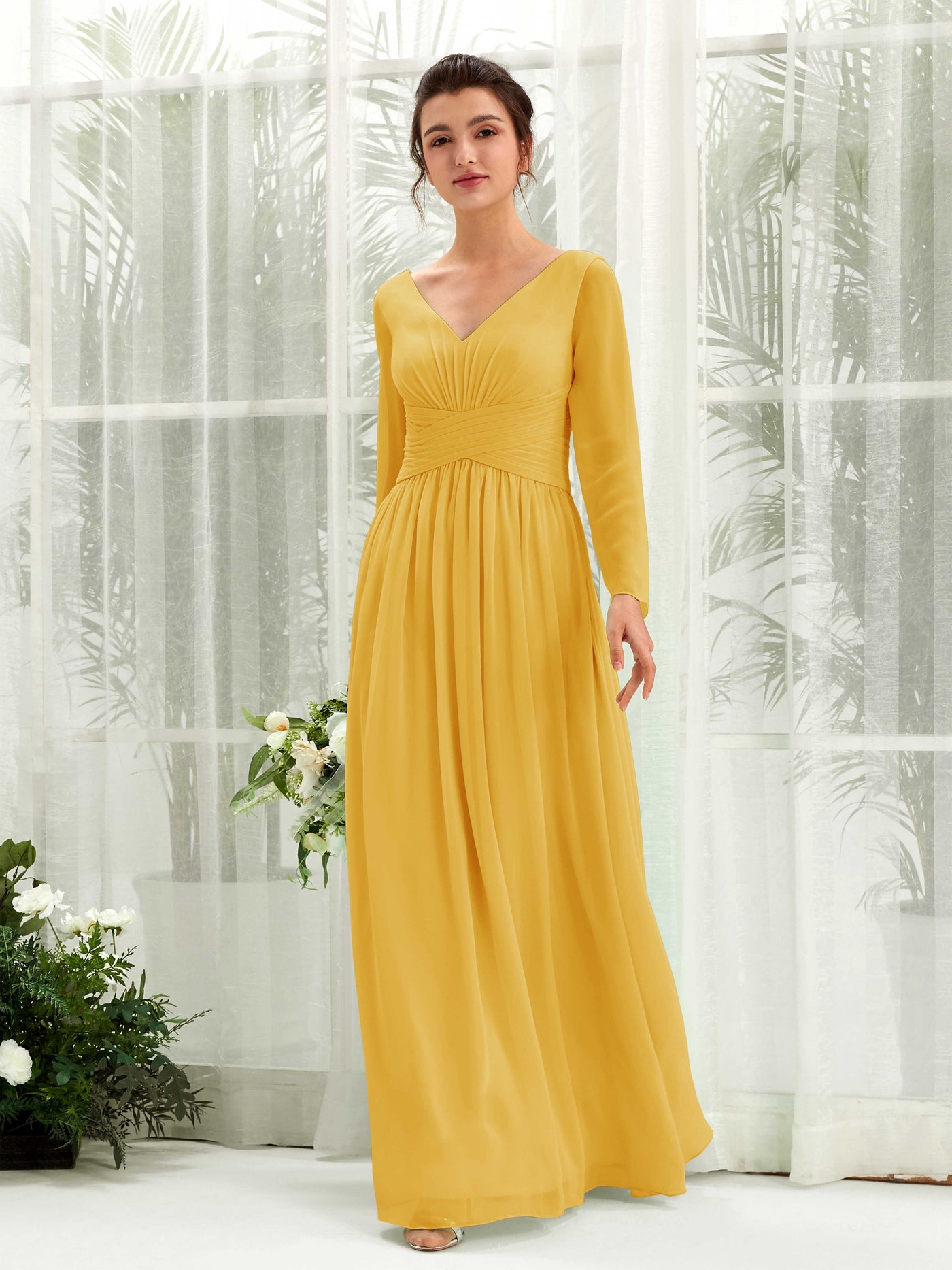 Ball Gown V-neck Long Sleeves Chiffon Bridesmaid Dress - Mustard Yellow (81220333)#color_mustard-yellow