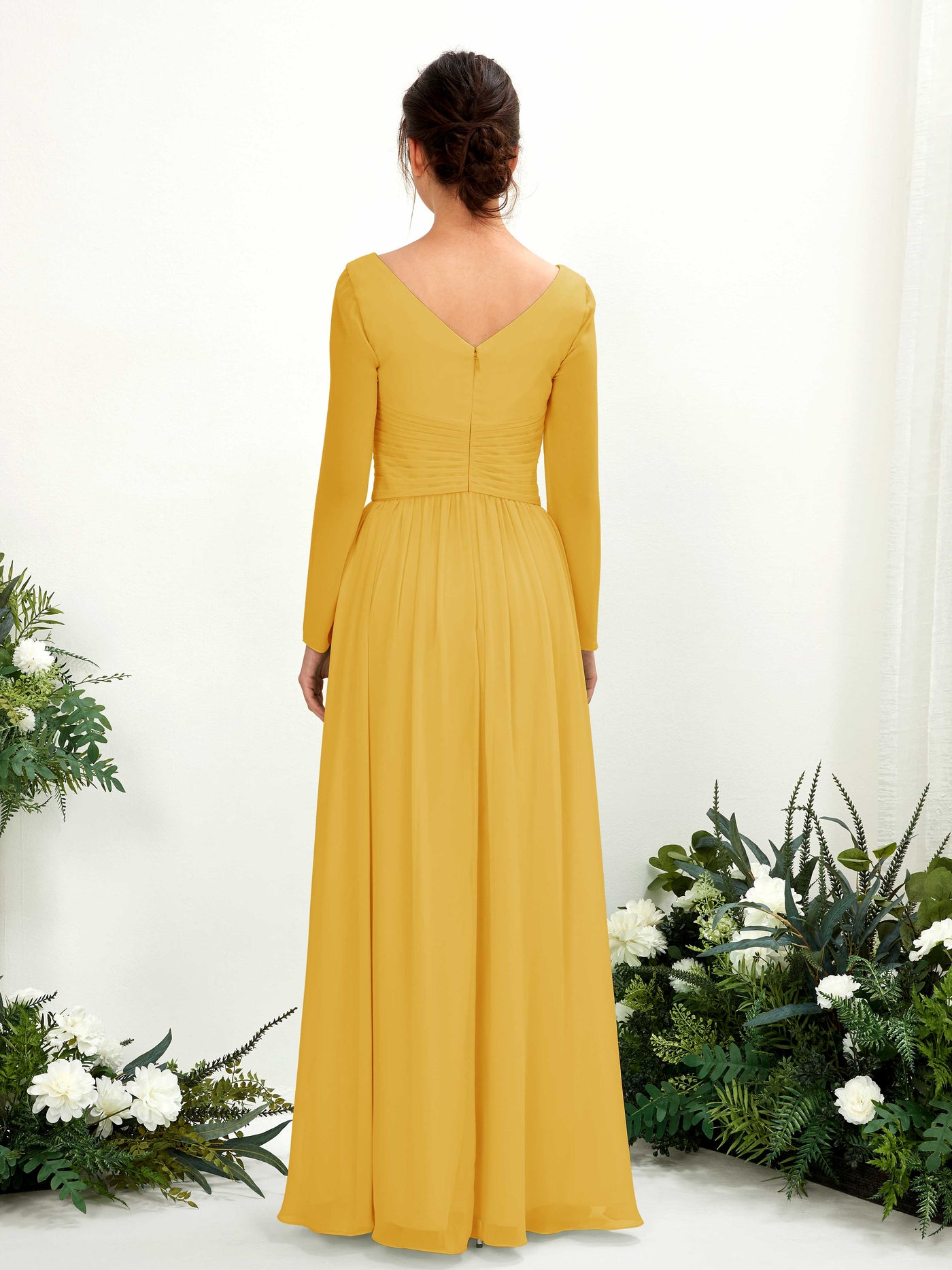 Ball Gown V-neck Long Sleeves Chiffon Bridesmaid Dress - Mustard Yellow (81220333)#color_mustard-yellow