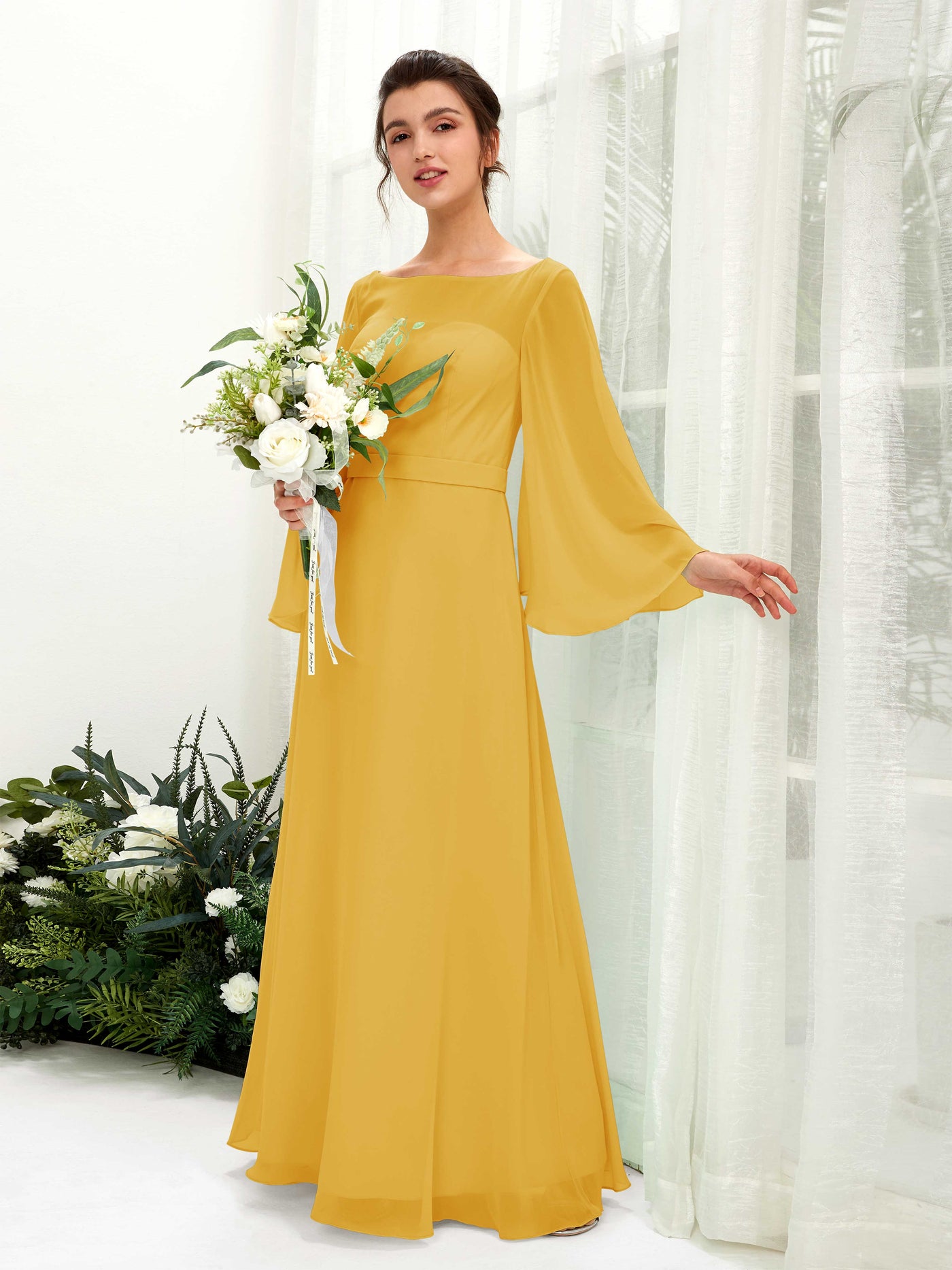 Bateau Illusion Long Sleeves Chiffon Bridesmaid Dress - Mustard Yellow (81220533)#color_mustard-yellow