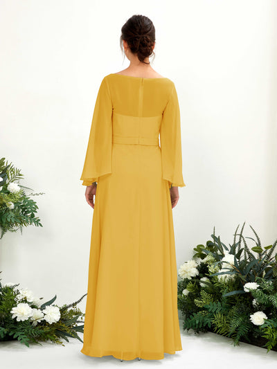 Carlyna Elie A-Line Mustard Yellow Bridesmaid Dress Maxi Long Sleeve Boat Neck Back View #color_mustard-yellow