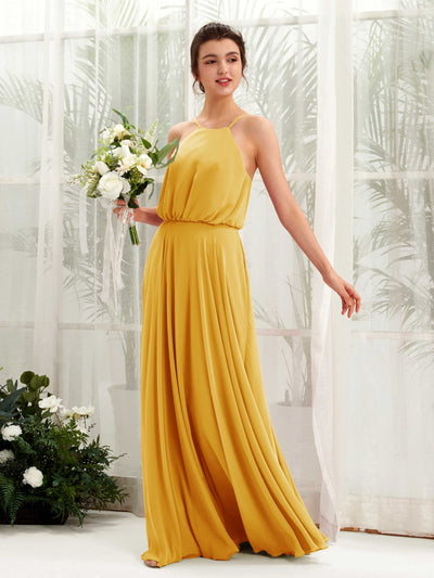 Carlyna Alva A-Line Mustard Yellow Bridesmaid Dress Maxi Sleeveless Halter Dress Front View #color_mustard-yellow