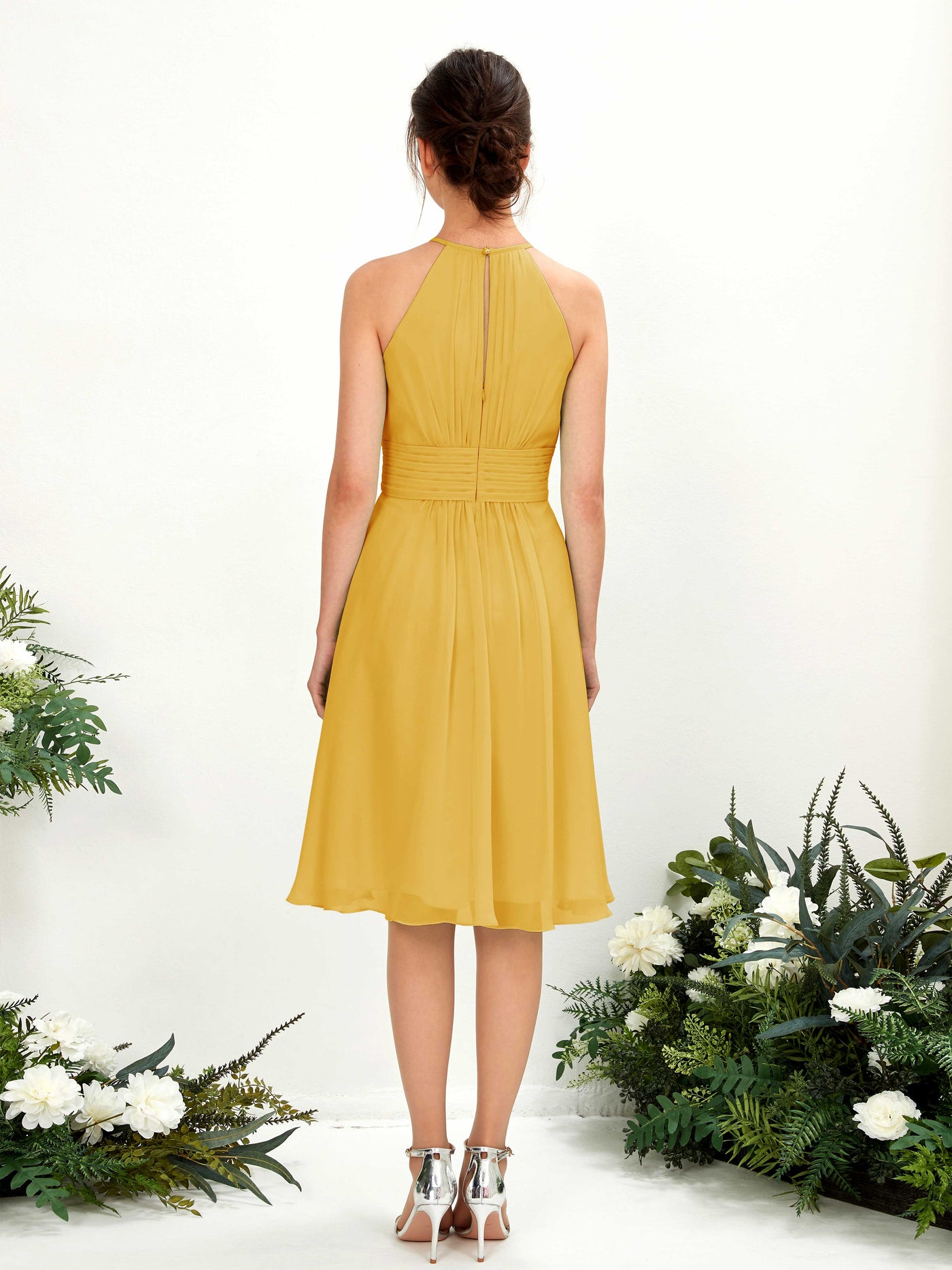 Halter Sleeveless Chiffon Bridesmaid Dress - Mustard Yellow (81220133)#color_mustard-yellow