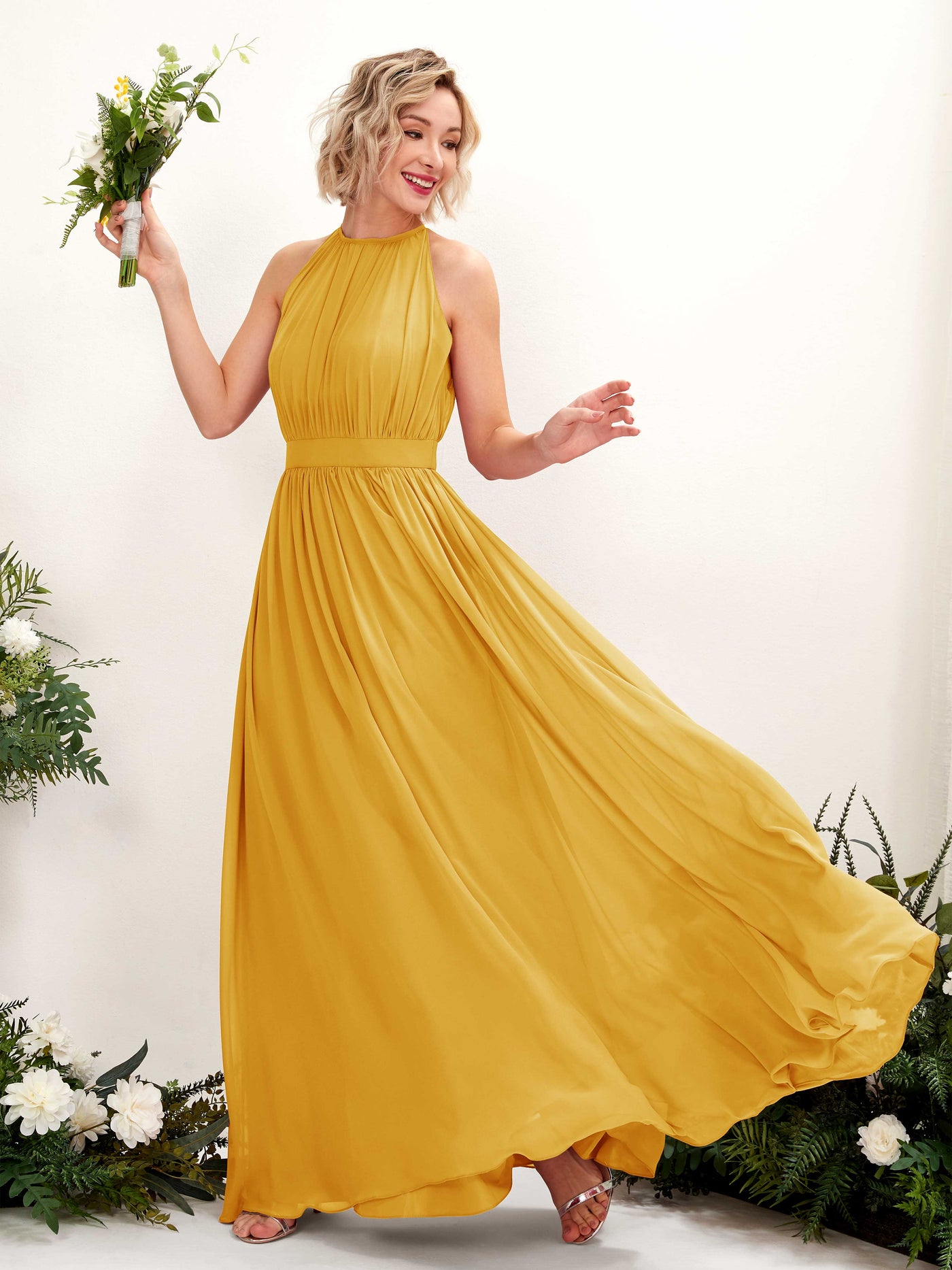 Halter Sleeveless Chiffon Bridesmaid Dress - Mustard Yellow (81223133)#color_mustard-yellow