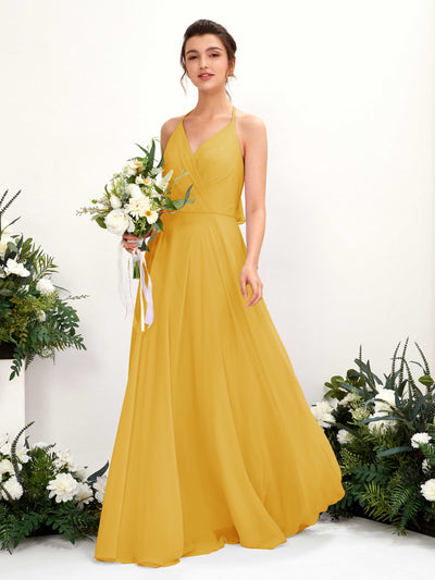 Carlyna Launo A-Line Mustard Yellow Bridesmaid Dress Maxi Sleeveless V-Neck Dress #color_mustard-yellow