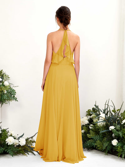 Carlyna Launo A-Line Mustard Yellow Bridesmaid Dress Maxi Sleeveless V-Neck Dress #color_mustard-yellow