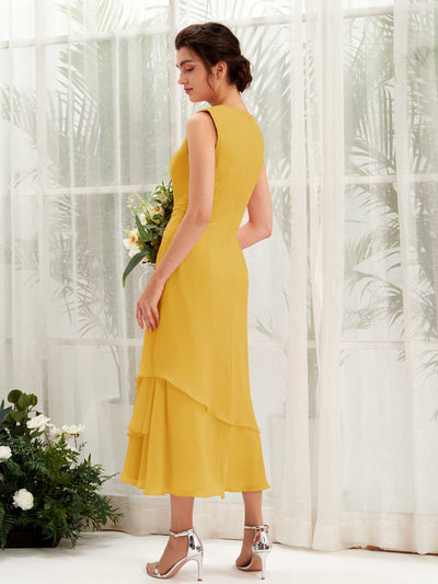 Carlyna Raina Mermaid Mustard Yellow Bridesmaid Dress Midi Sleeveless Round Neck Dress #color_mustard-yellow