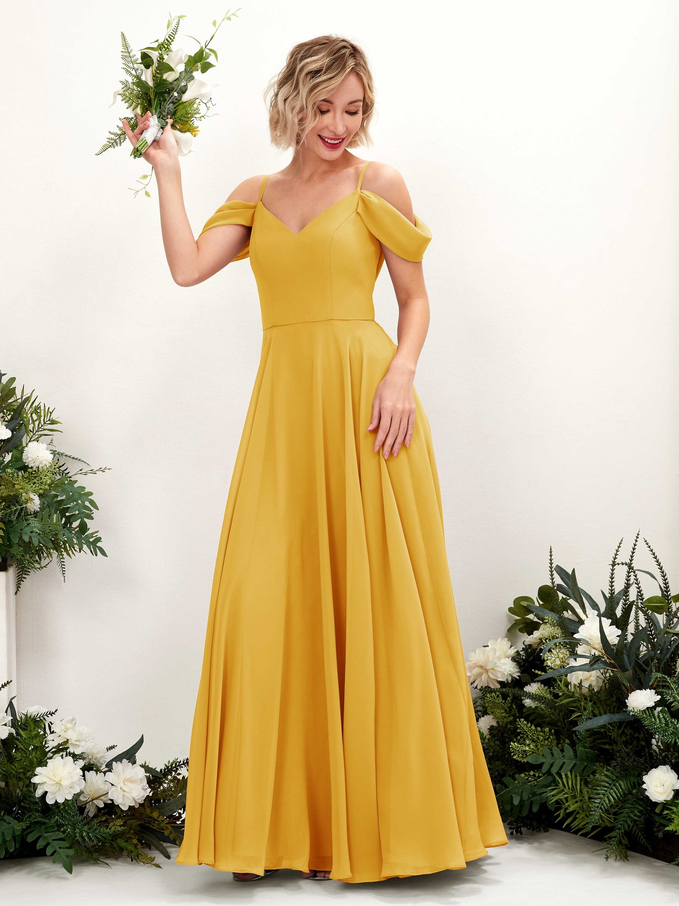 Off Shoulder Straps V-neck Sleeveless Chiffon Bridesmaid Dress - Mustard Yellow (81224933)#color_mustard-yellow