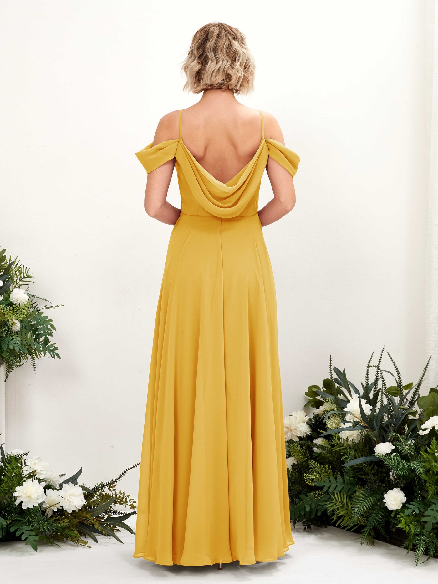 Off Shoulder Straps V-neck Sleeveless Chiffon Bridesmaid Dress - Mustard Yellow (81224933)#color_mustard-yellow