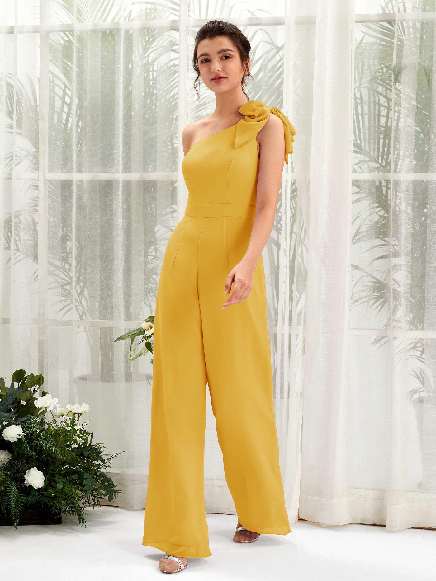 One Shoulder Sleeveless Chiffon Bridesmaid Wide-Leg Jumpsuit - Mustard Yellow (81220833)#color_mustard-yellow