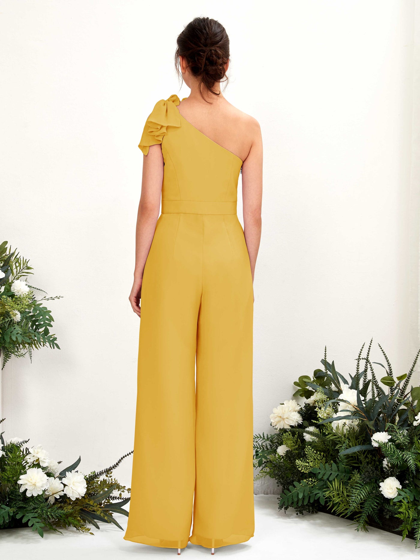 One Shoulder Sleeveless Chiffon Bridesmaid Wide-Leg Jumpsuit - Mustard Yellow (81220833)#color_mustard-yellow