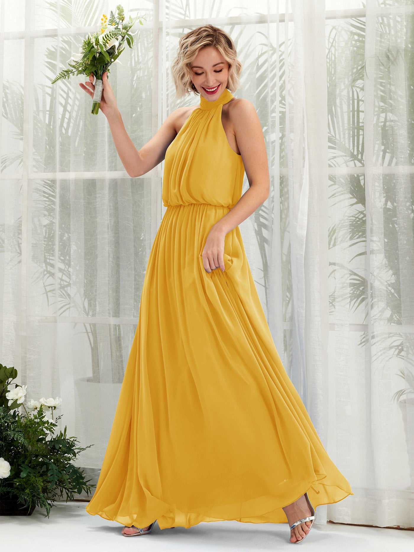 Halter Sleeveless Chiffon Bridesmaid Dress - Mustard Yellow (81222933)#color_mustard-yellow