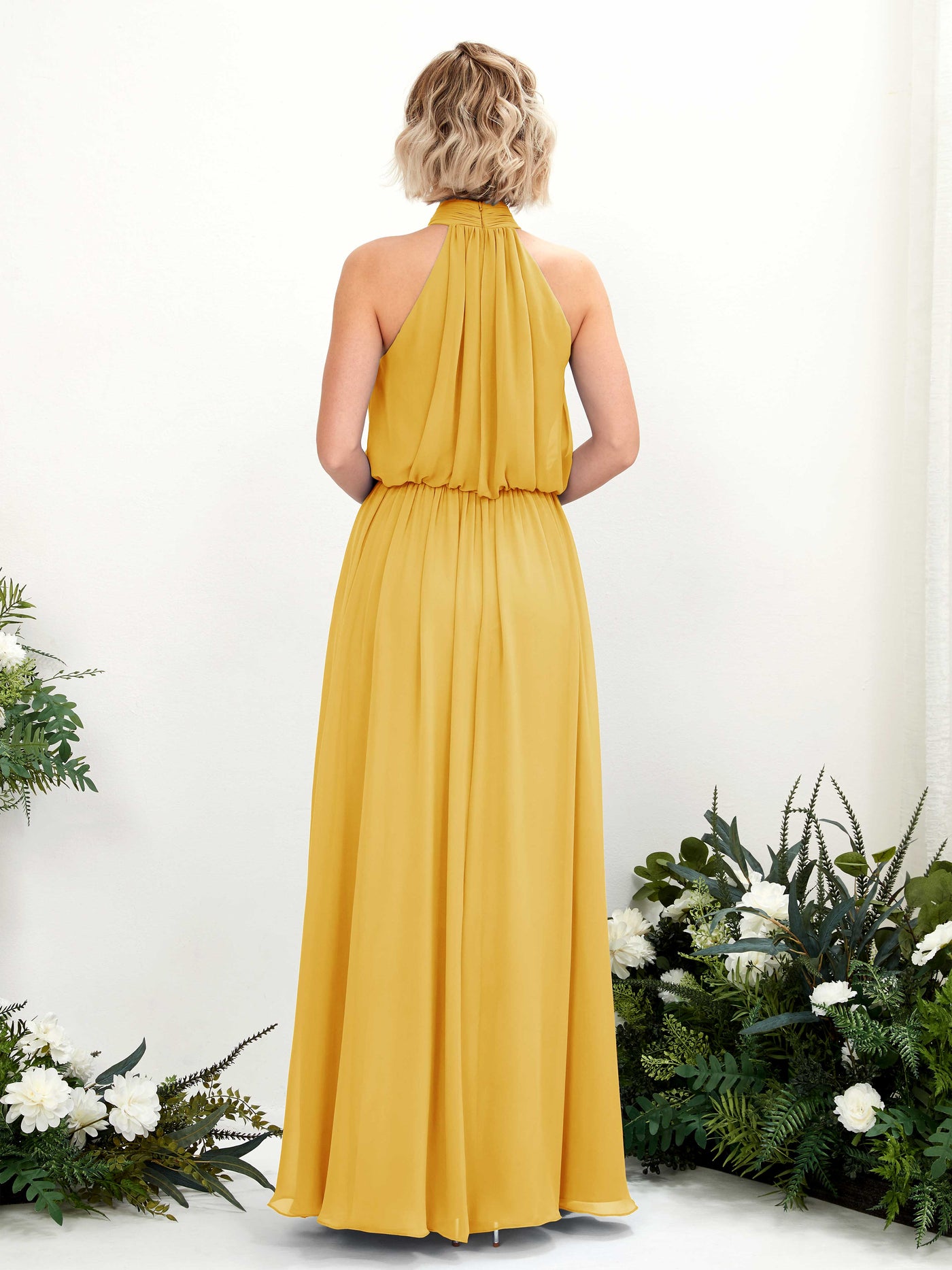 Halter Sleeveless Chiffon Bridesmaid Dress - Mustard Yellow (81222933)#color_mustard-yellow