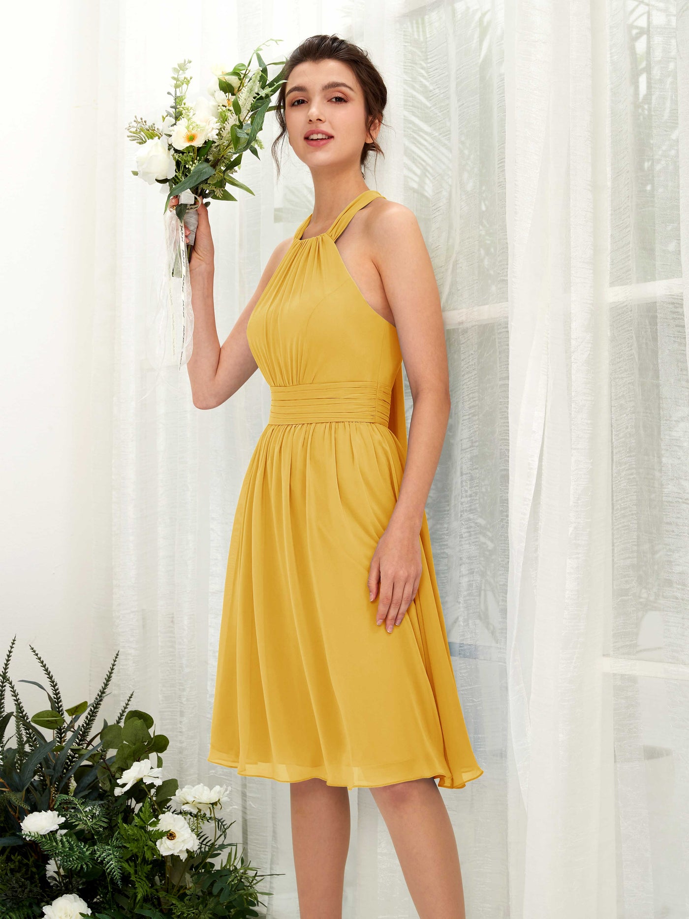 Halter Strapless Chiffon Bridesmaid Dress - Mustard Yellow (81222633)#color_mustard-yellow