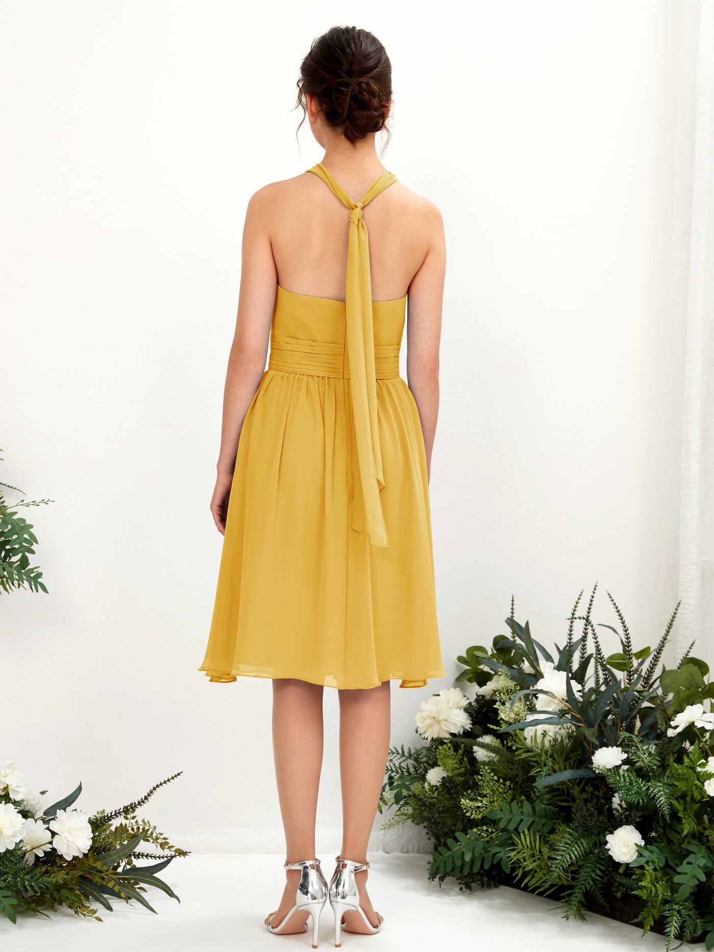 Halter Strapless Chiffon Bridesmaid Dress - Mustard Yellow (81222633)#color_mustard-yellow