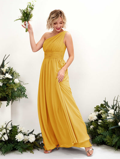 Carlyna Flaze A-Line Mustard Yellow Bridesmaid Dress Maxi Sleeveless One Shoulder Dress Front View #color_mustard-yellow