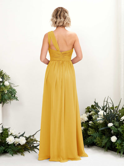 Carlyna Flaze A-Line Mustard Yellow Bridesmaid Dress Maxi Sleeveless One Shoulder Dress Back View #color_mustard-yellow
