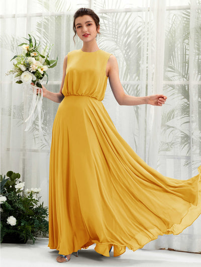 Carlyna Alma A-Line Mustard Yellow Bridesmaid Dress Maxi Sleeveless Round Neck Dress Front View #color_mustard-yellow