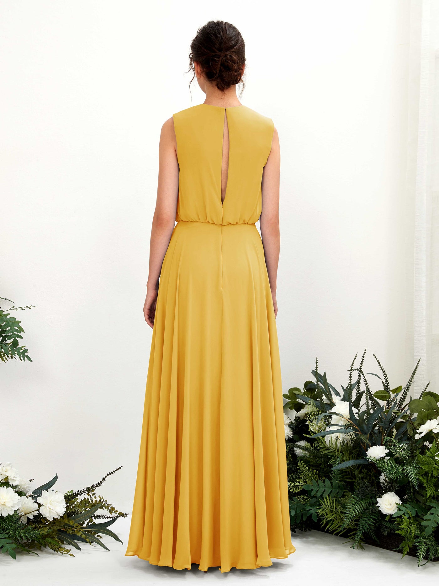 Round Sleeveless Chiffon Bridesmaid Dress - Mustard Yellow (81222833)#color_mustard-yellow