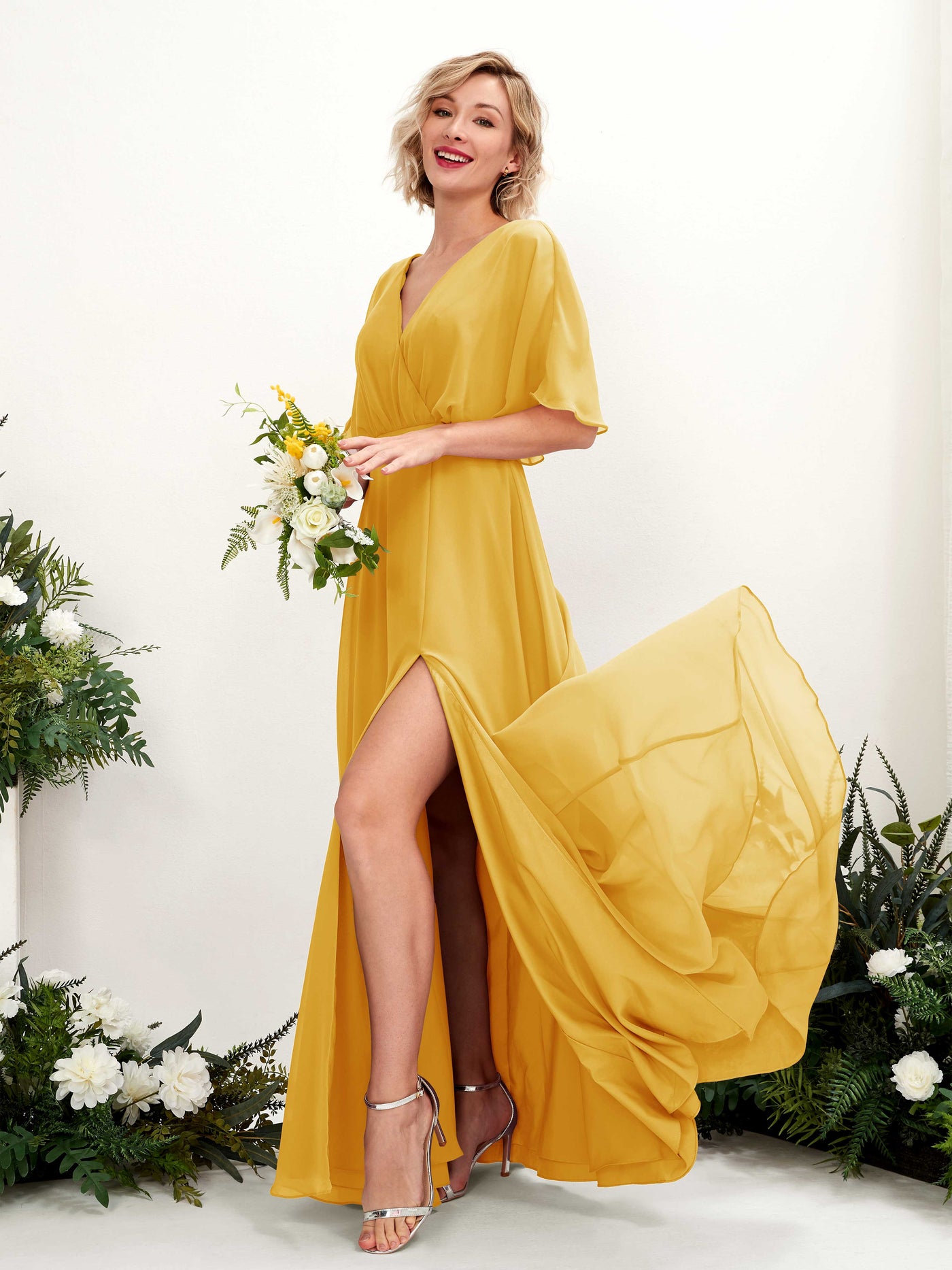 V-neck 1/2 Sleeves Chiffon Bridesmaid Dress - Mustard Yellow (81225133)#color_mustard-yellow