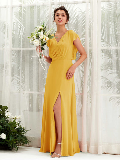 Carlyna Annie A-Line Mustard Yellow Bridesmaid Dress Maxi Cap Sleeve V-Neck Dress Front View #color_mustard-yellow