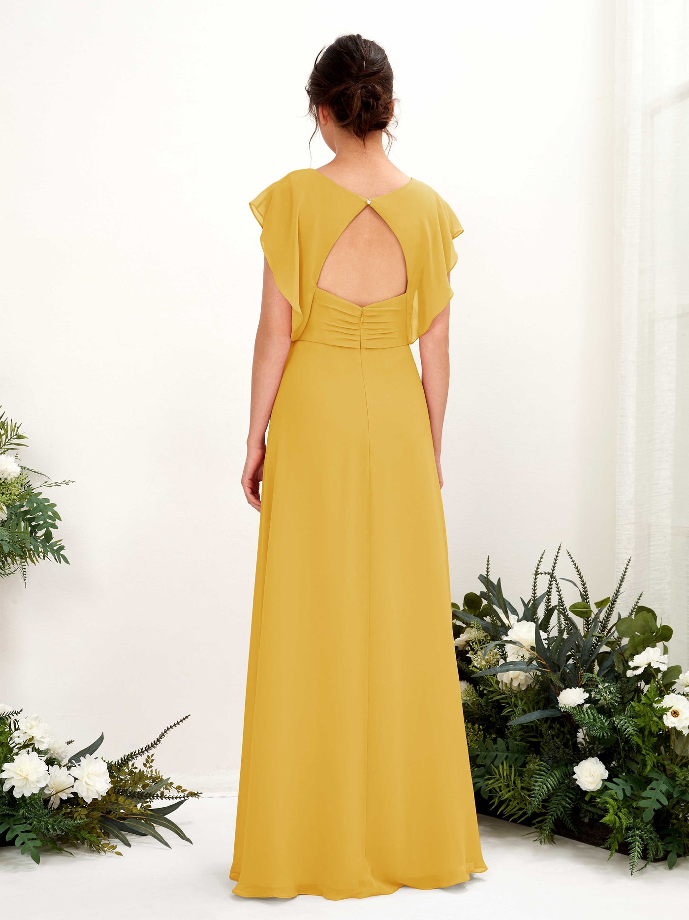 V-neck Cap Sleeves Bridesmaid Dress - Mustard Yellow (81225633)#color_mustard-yellow