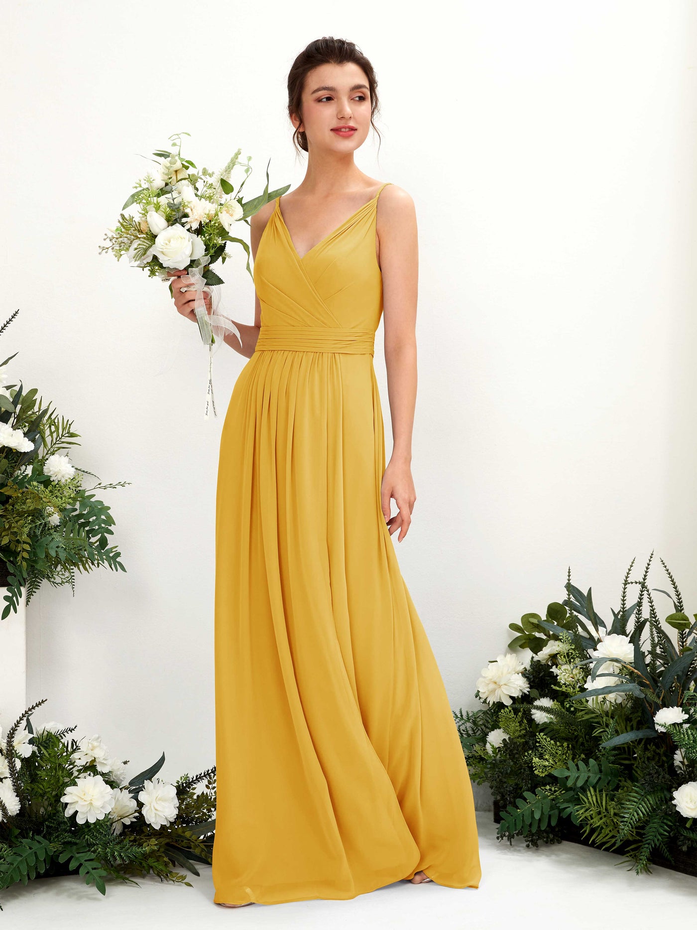 Spaghetti-straps V-neck Sleeveless Bridesmaid Dress - Mustard Yellow (81223933)#color_mustard-yellow