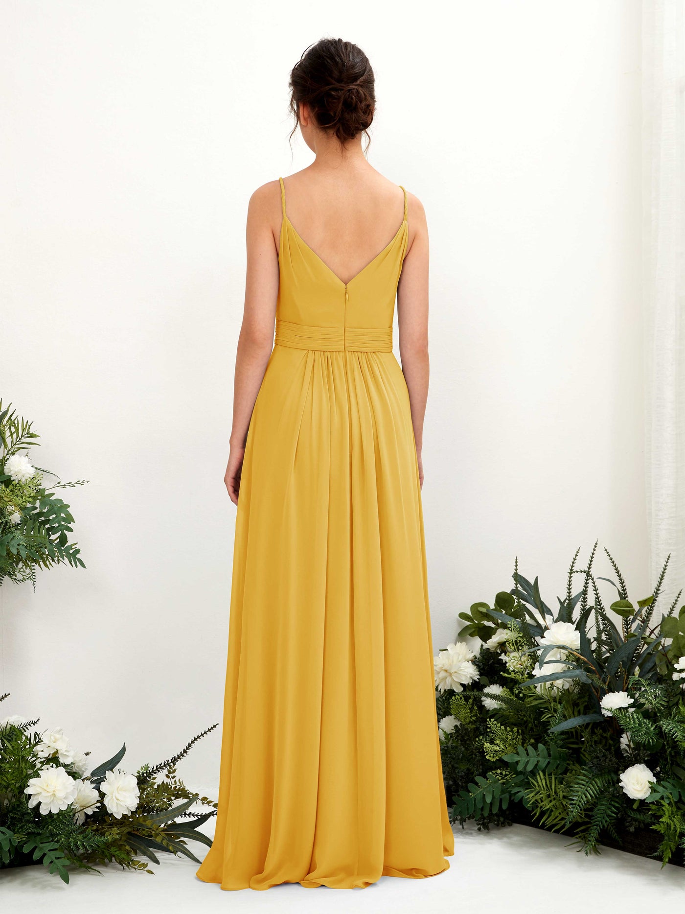 Spaghetti-straps V-neck Sleeveless Bridesmaid Dress - Mustard Yellow (81223933)#color_mustard-yellow