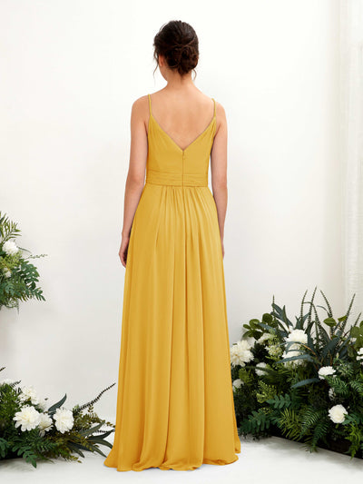 Carlyna Dira A-Line Mustard Yellow Bridesmaid Dress Maxi Sleeveless V-Neck Dress Back View #color_mustard-yellow