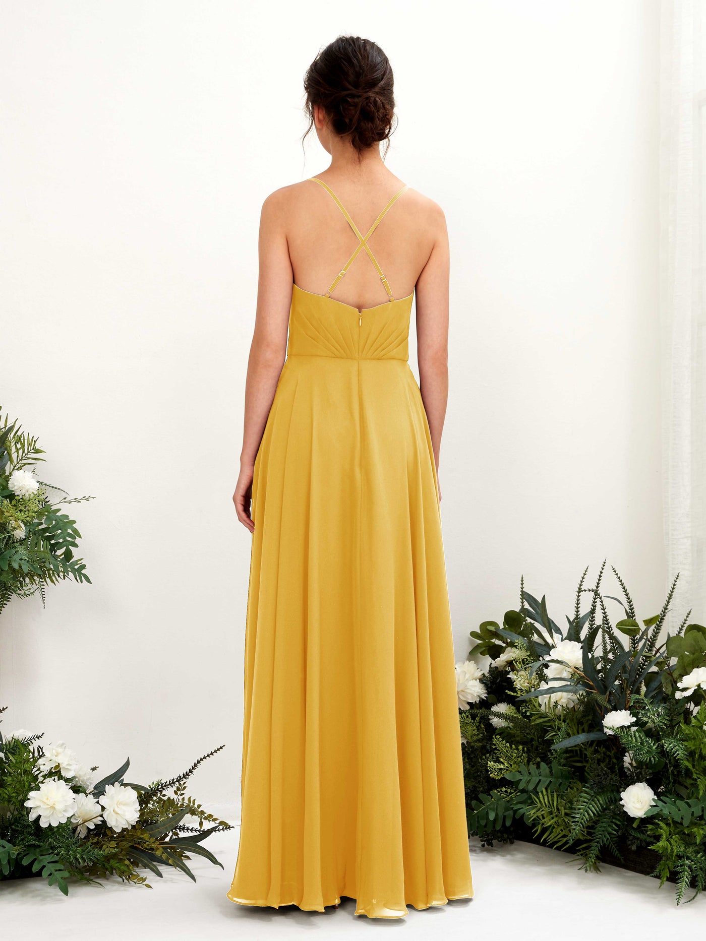 Spaghetti-straps V-neck Sleeveless Bridesmaid Dress - Mustard Yellow (81224233)#color_mustard-yellow