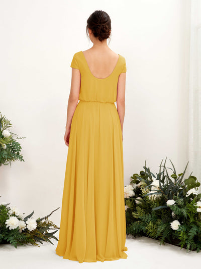 Carlyna Pauline A-Line Mustard Yellow Bridesmaid Dress Maxi Cap Sleeve V-Neck Dress #color_mustard-yellow