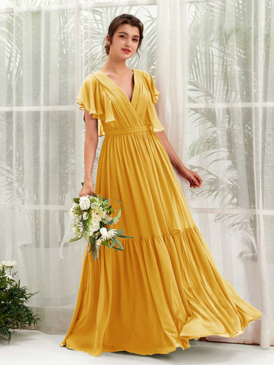 Carlyna Chaya A-Line Mustard Yellow Bridesmaid Dress Maxi Cap Sleeve V-Neck Dress Front View #color_mustard-yellow