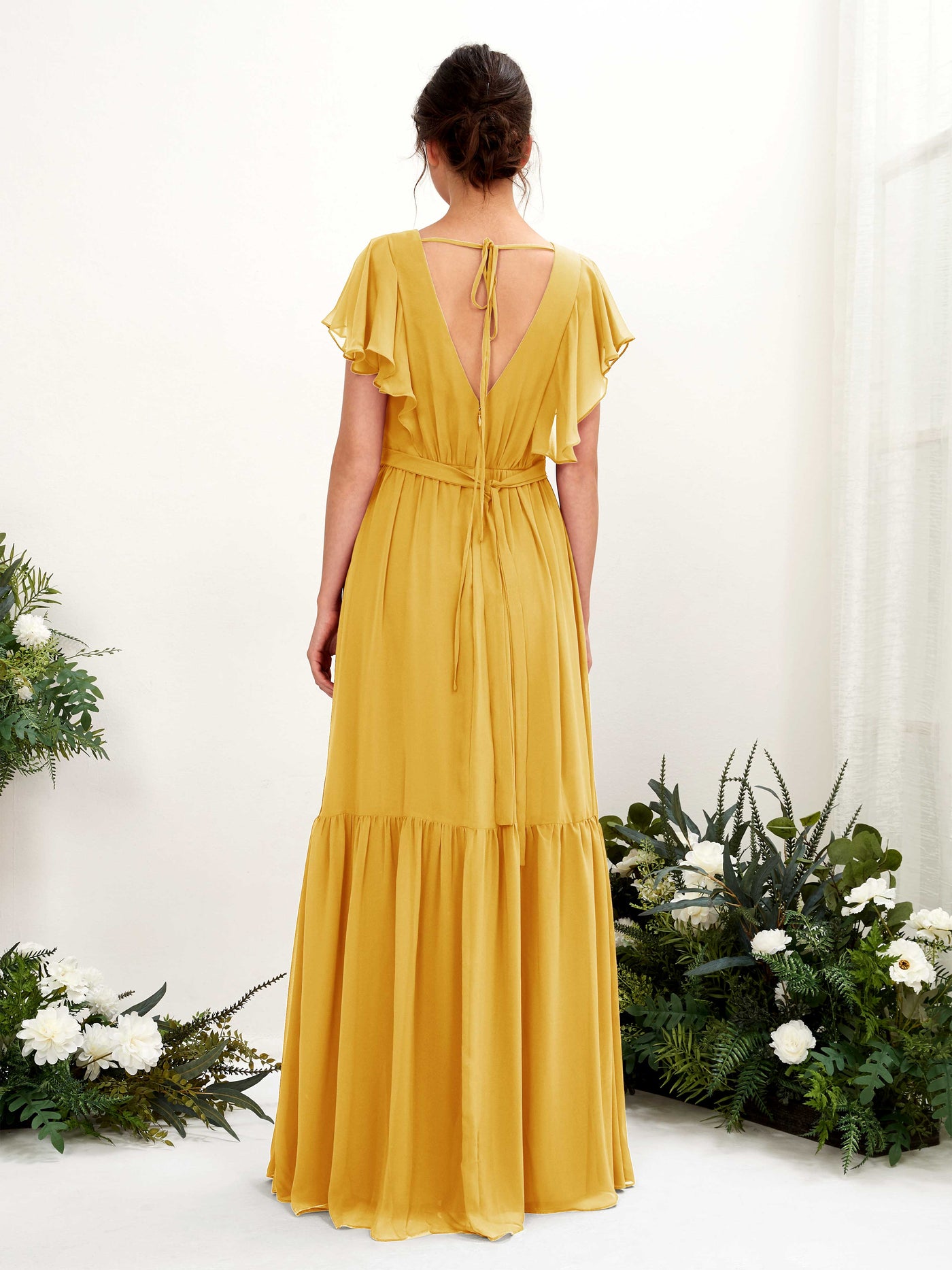 V-neck Cap Sleeves Chiffon Bridesmaid Dress - Mustard Yellow (81225933)#color_mustard-yellow