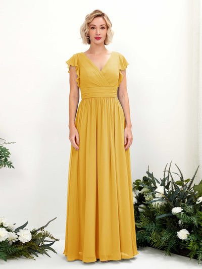 Carlyna Grino A-Line Mustard Yellow Bridesmaid Dress Maxi Cap Sleeve V-Neck Dress Front View #color_mustard-yellow