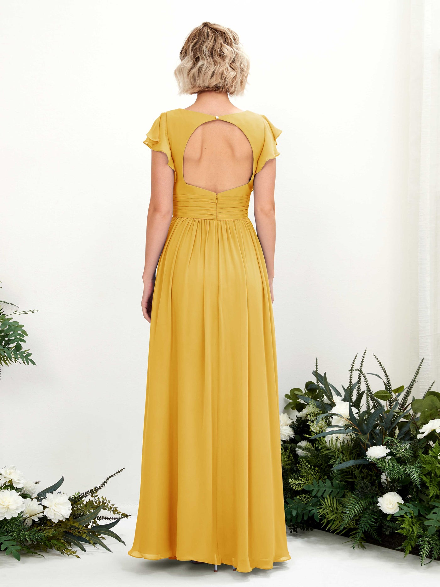 V-neck Short Sleeves Chiffon Bridesmaid Dress - Mustard Yellow (81222733)#color_mustard-yellow