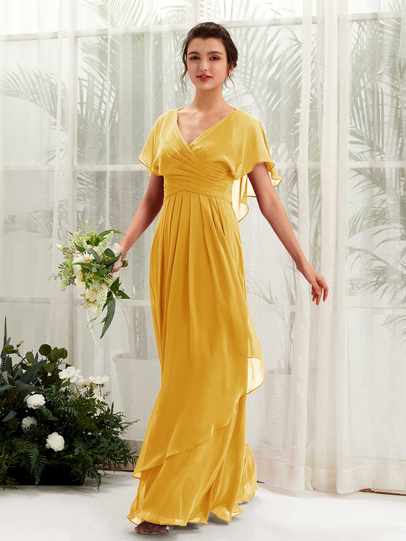 V-neck Short Sleeves Chiffon Bridesmaid Dress - Mustard Yellow (81226133)#color_mustard-yellow