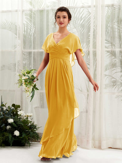 Carlyna Darlene A-Line Mustard Yellow Bridesmaid Dress Maxi Short Sleeve V-Neck Dress Front View #color_mustard-yellow