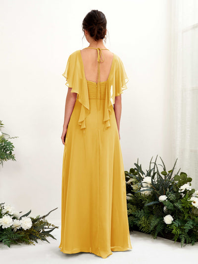 Carlyna Darlene A-Line Mustard Yellow Bridesmaid Dress Maxi Short Sleeve V-Neck Dress Back View #color_mustard-yellow