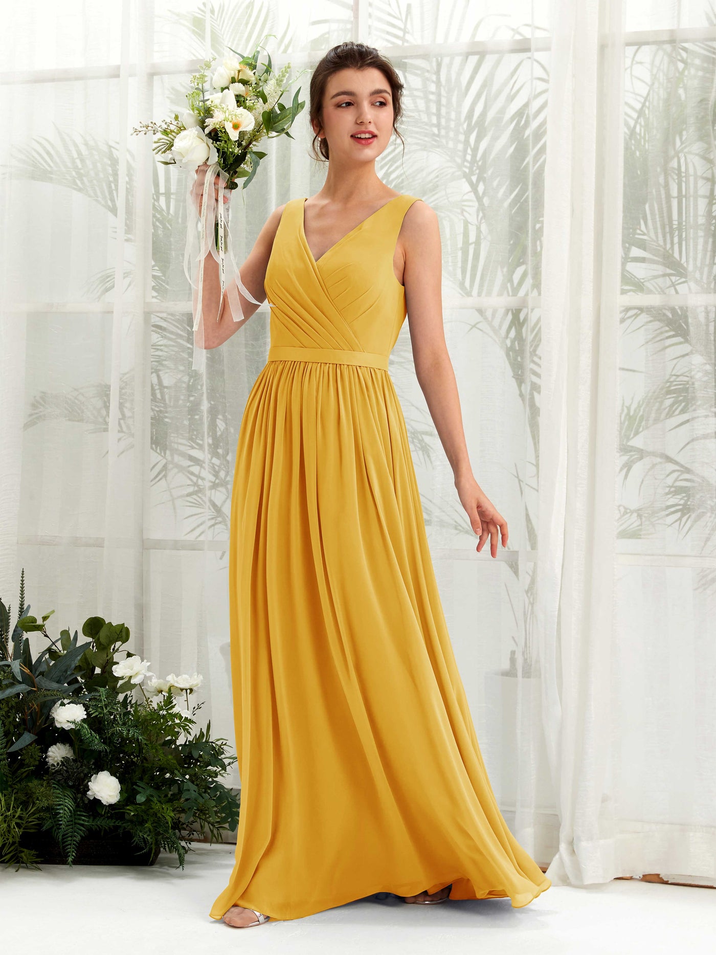 V-neck Sleeveless Chiffon Bridesmaid Dress - Mustard Yellow (81223633)#color_mustard-yellow