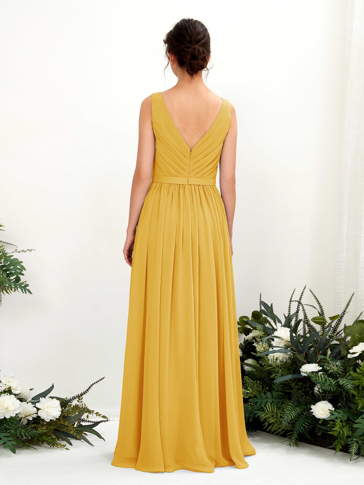 V-neck Sleeveless Chiffon Bridesmaid Dress - Mustard Yellow (81223633)#color_mustard-yellow