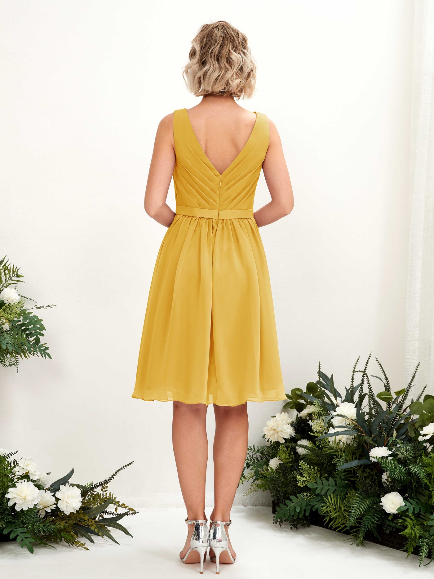 V-neck Sleeveless Chiffon Bridesmaid Dress - Mustard Yellow (81224833)#color_mustard-yellow