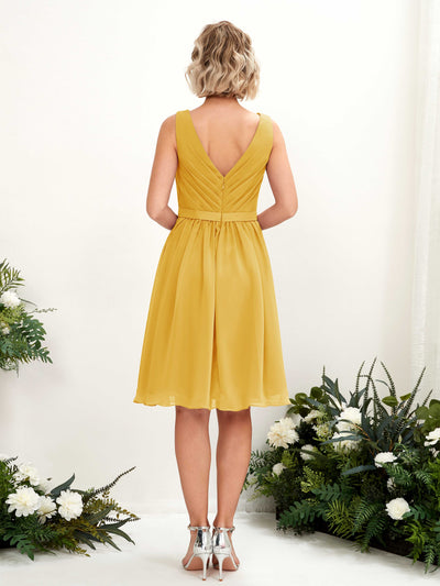 Carlyna Natasha A-Line Mustard Yellow Bridesmaid Dress Knee-Length Sleeveless V-Neck Dress #color_mustard-yellow