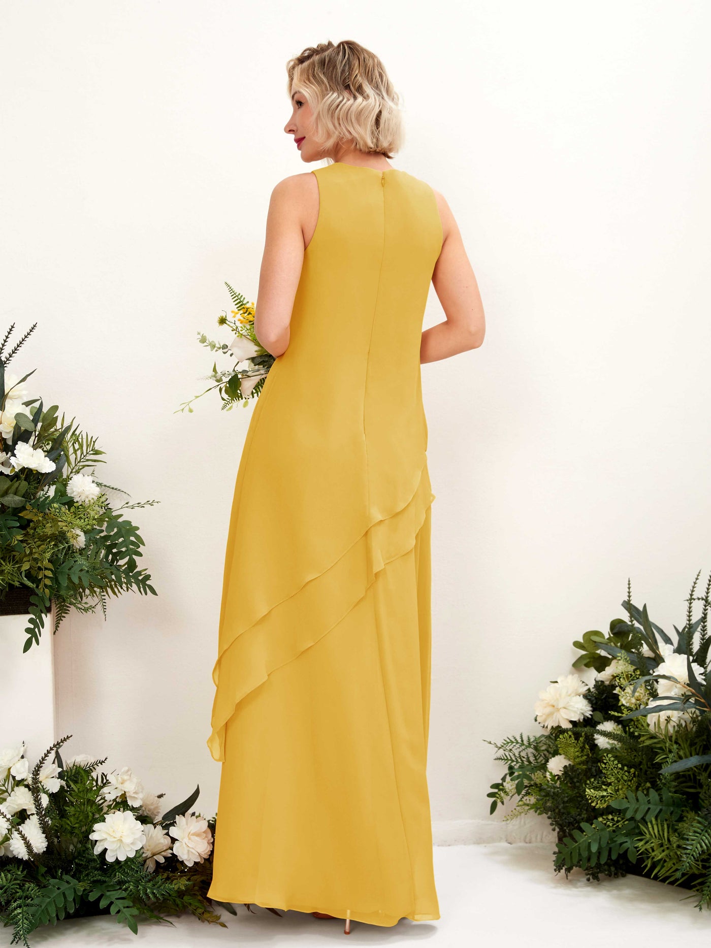 Round Sleeveless Chiffon Bridesmaid Dress - Mustard Yellow (81222333)#color_mustard-yellow