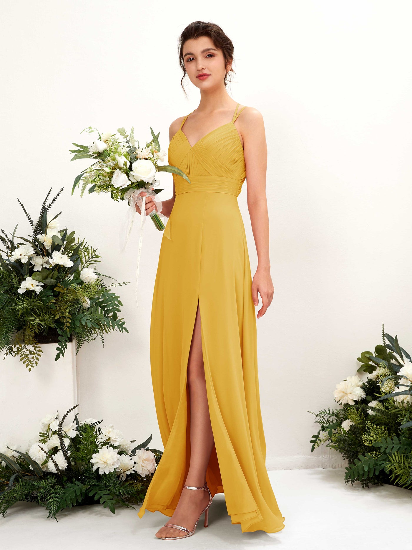 Straps V-neck Sleeveless Chiffon Bridesmaid Dress - Mustard Yellow (81225433)#color_mustard-yellow