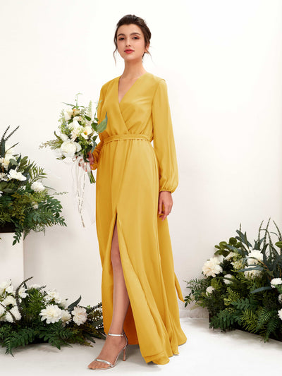 Carlyna Elsie A-Line Mustard Yellow Bridesmaid Dress Maxi Long Sleeve V-Neck Front View #color_mustard-yellow