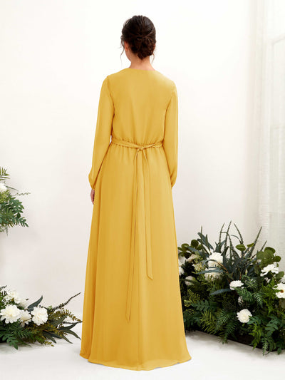 Carlyna Elsie A-Line Mustard Yellow Bridesmaid Dress Maxi Long Sleeve V-Neck Back View #color_mustard-yellow