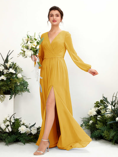 Carlyna Ginny A-Line Mustard Yellow Bridesmaid Dress Maxi Long Sleeve V-Neck Front View #color_mustard-yellow