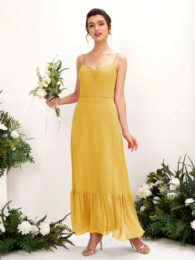 Carlyna Delia Sheath Mustard Yellow Bridesmaid Dress Maxi Sleeveless Spaghetti Strap Dress Front View #color_mustard-yellow