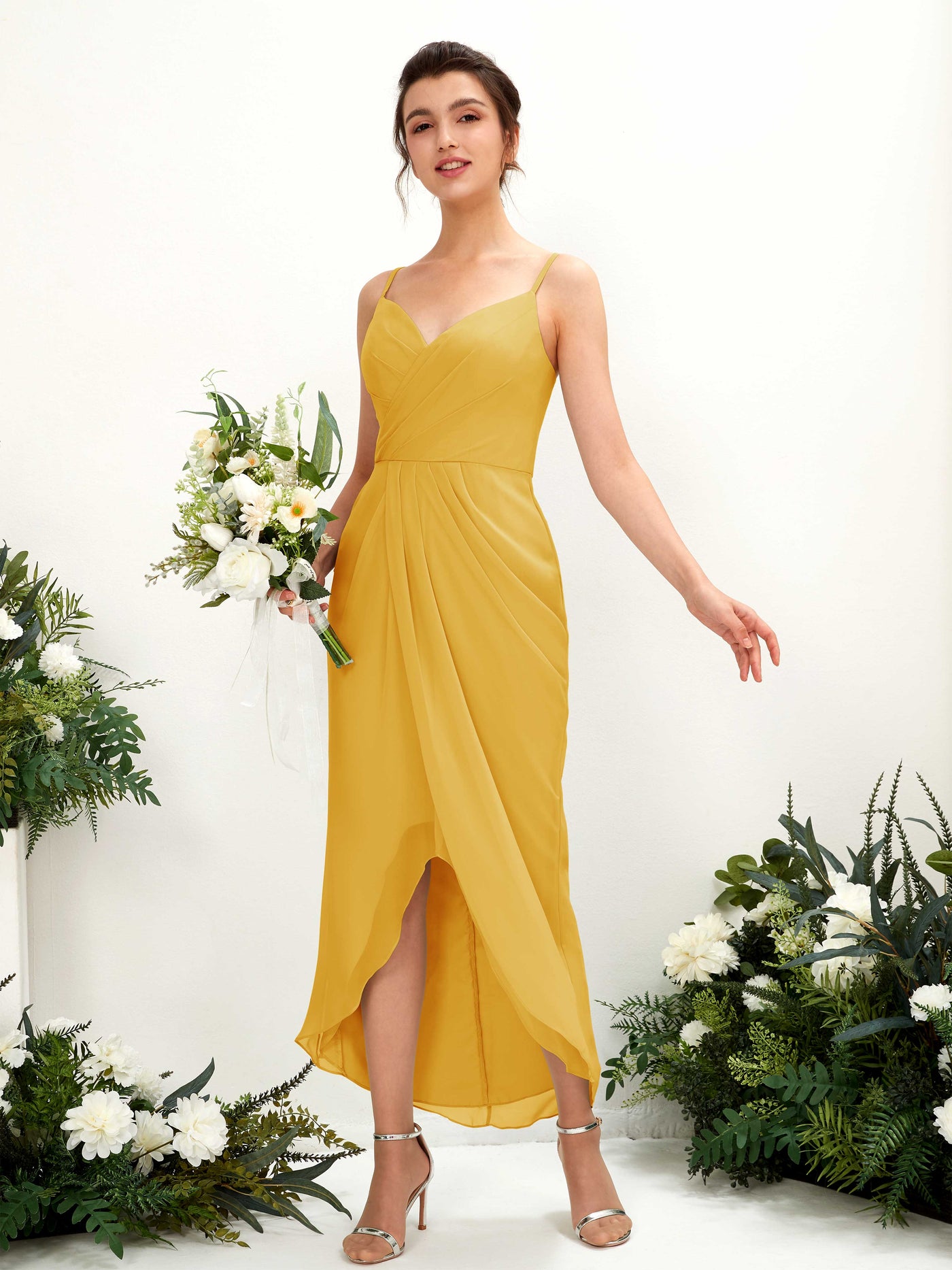 Spaghetti-straps V-neck Sleeveless Chiffon Bridesmaid Dress - Mustard Yellow (81221333)#color_mustard-yellow
