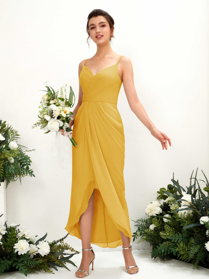 Spaghetti-straps V-neck Sleeveless Chiffon Bridesmaid Dress - Mustard Yellow (81221333)
