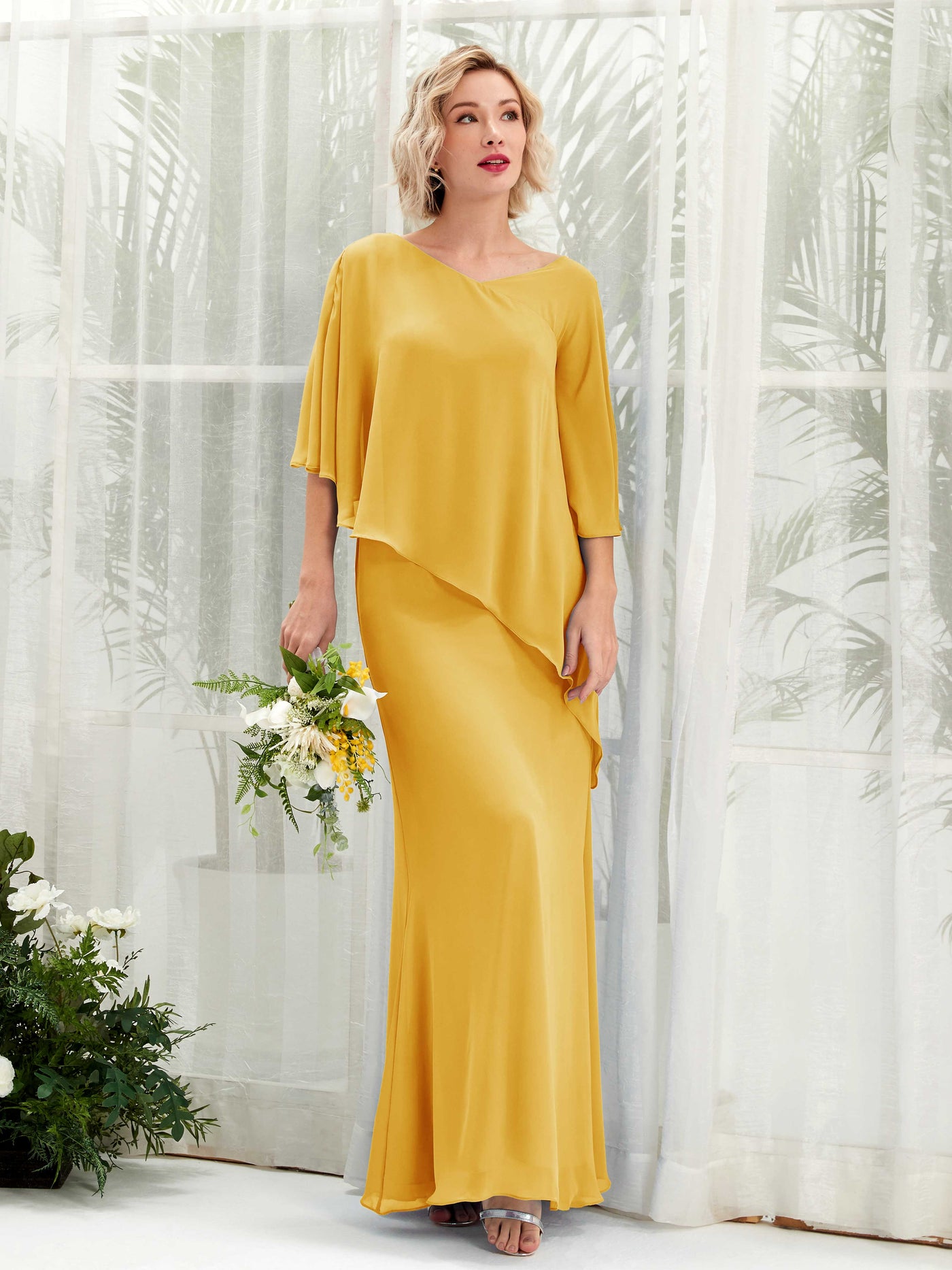 V-neck 3/4 Sleeves Chiffon Bridesmaid Dress - Mustard Yellow (81222533)#color_mustard-yellow